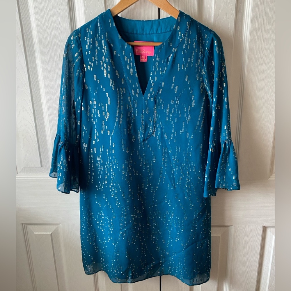 Lilly Pulitzer Elenora Silk/Metallic Dress in Inky Tidal Fish Clip Chiffon SZ XS